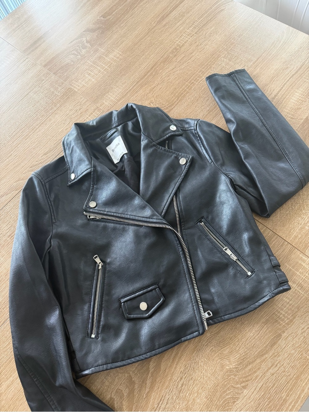 Bershka Black Faux-Leather Moto Jacket